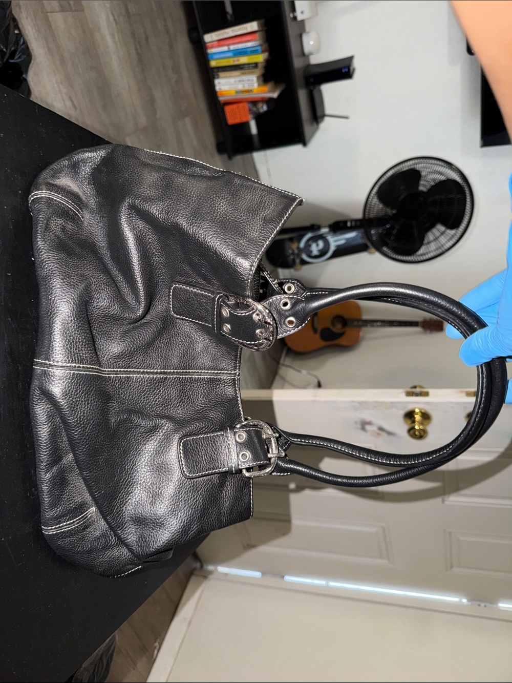 Tignanello Black Leather Shoulder Bag with Silver-Tone Buckles